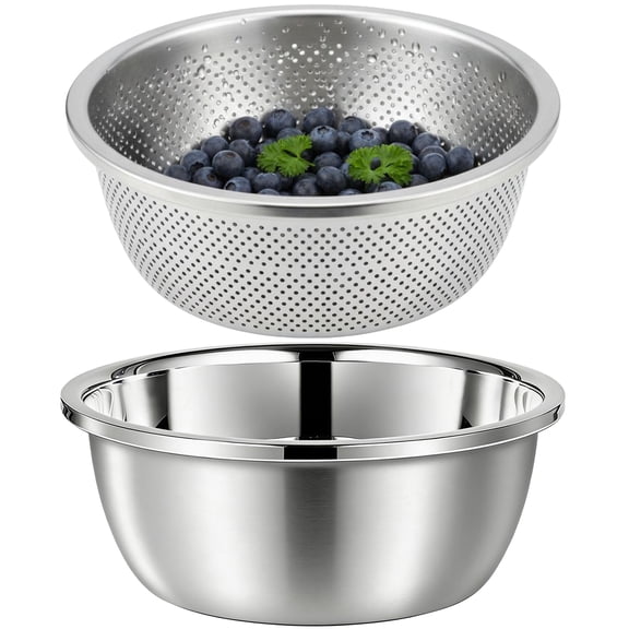 Stainless Steel Colander with Bowl, 304 Stainless Steel Strainer Bowl, Nested Kitchen Prep Bowl with Drain Holes, Ideal for Washing, Draining, Mixing, Serving Food