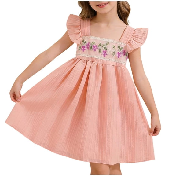 Cethrio Girls Summer Dresses, Flutter Sleeve Casual Cute Crew Neck Girls Sundresses Pink Size 6-7 T