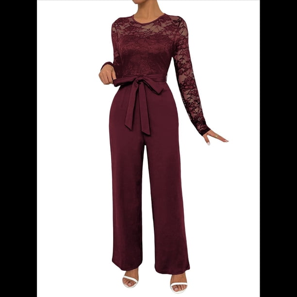 Mono Formal de Larga con Cuello Redondo y Retazos de Encaje para Mujer, Color Liso, Informal, de una Pieza. Vino Tinto M