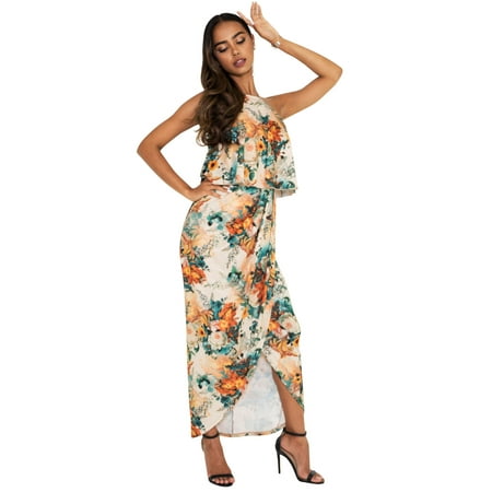 KOH KOH Sexy Long Floral Print Halter Spaghetti Strap Flower Spring Summer Party Classic Sundress Maxi Dress Gown For Women Orange & Green X-Small US 2-4 NT415_B091