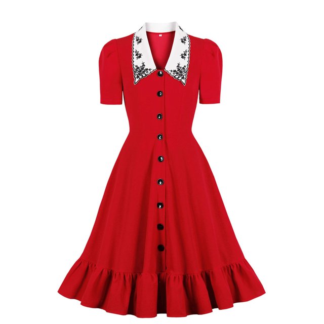Robe Vintage pour Femmes des Années 1950 Rétro Rockabilly de Soirée Bal Manches Courtes Élégante Cocktail Ligne A Évasée Robe Swing