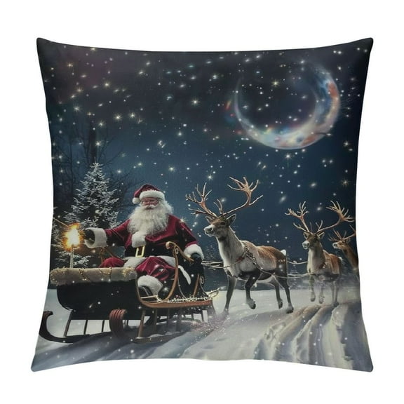 Sheronv Santa Sleigh Reindeers Graphic Decorative Pillow Cover Winter Christmas Theme Printed on Both Sides 1PC 12x12in