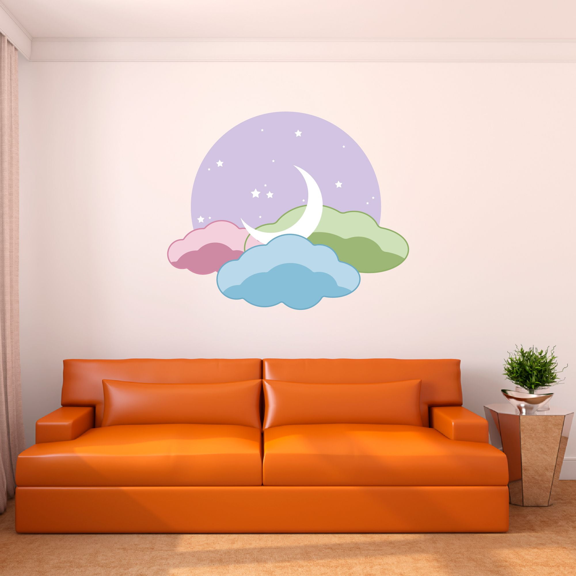 Danish Pastel Wall Decal Cute Moon in Clouds with Stars in the Sky