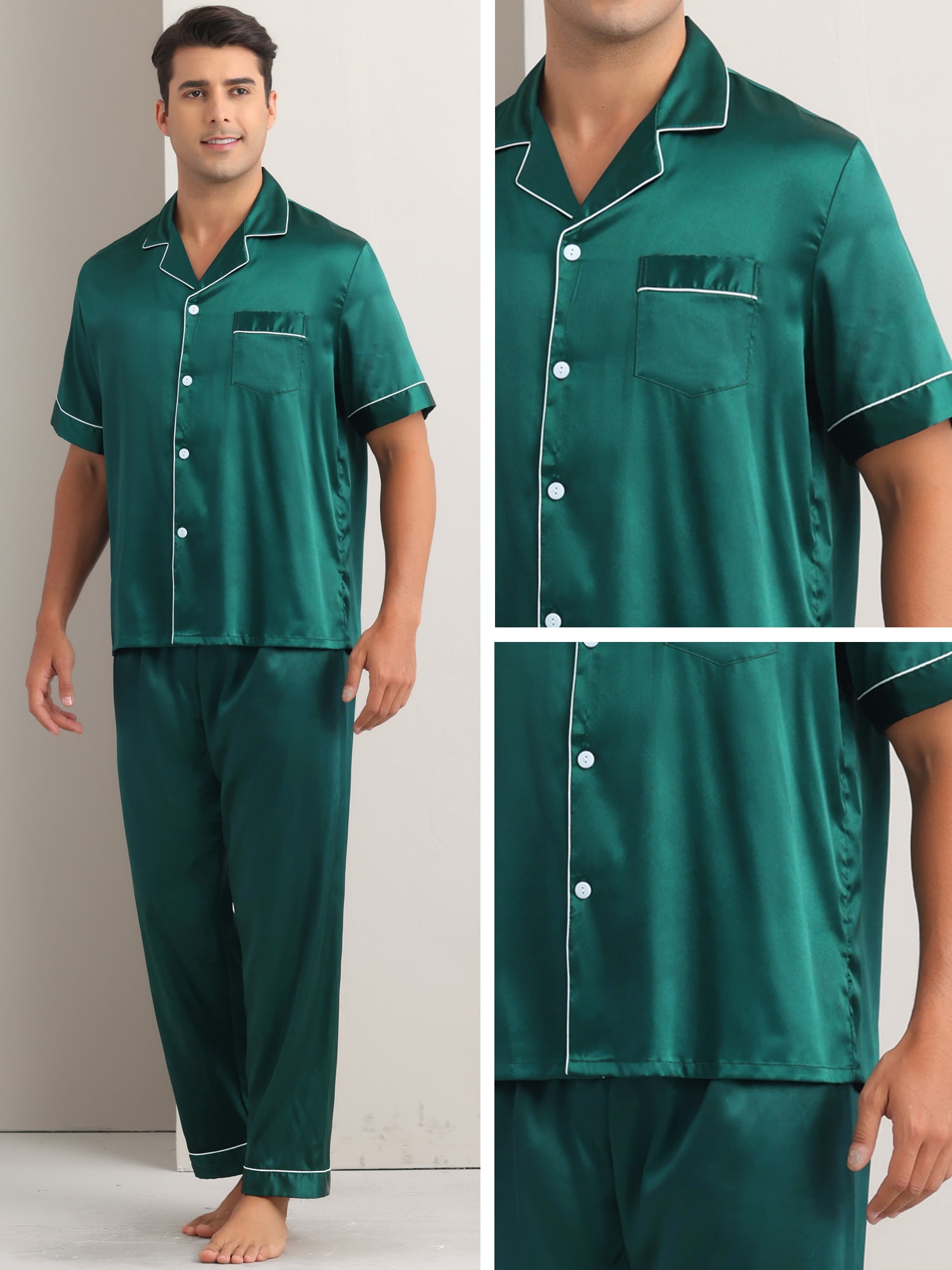 DARING DIVA Men's 2-Piece Pajama Set Button Down Short Sleeve Shirt Pants L Dark Green