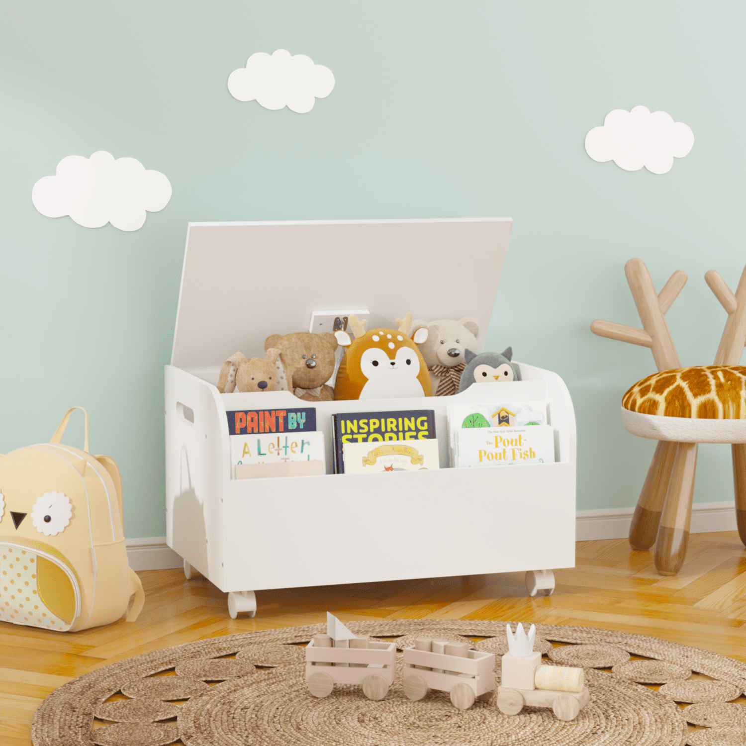 Miekor Wooden Toy Box with 4 Universal Wheels, Kids Toy Storage Organizer with Front Bookshelf, Flip-Top Lid, Safety Hinge, Boys Girls Toy Chest Bench for Playroom Kids Room Organization BS3958
