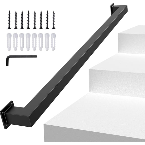 3FT Square Tube Handrail for Indoor Stair,Matte Black Industrial Metal Stair Rail,500LBS Load Capcity Wall Mount Stair Hand Rail for Child,Seniors,Pregnant,Non-Slip Outdoor Iron Stair Rail,1 Section