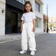 thumbnail image 6 of OOOUM Kids Cargo Pants Elastic Waist Solid Color Wide Leg Pants With Pocket Loose Fit Casual Straight Leg Jeans For Hiking Running White 7-8 Years, 6 of 9