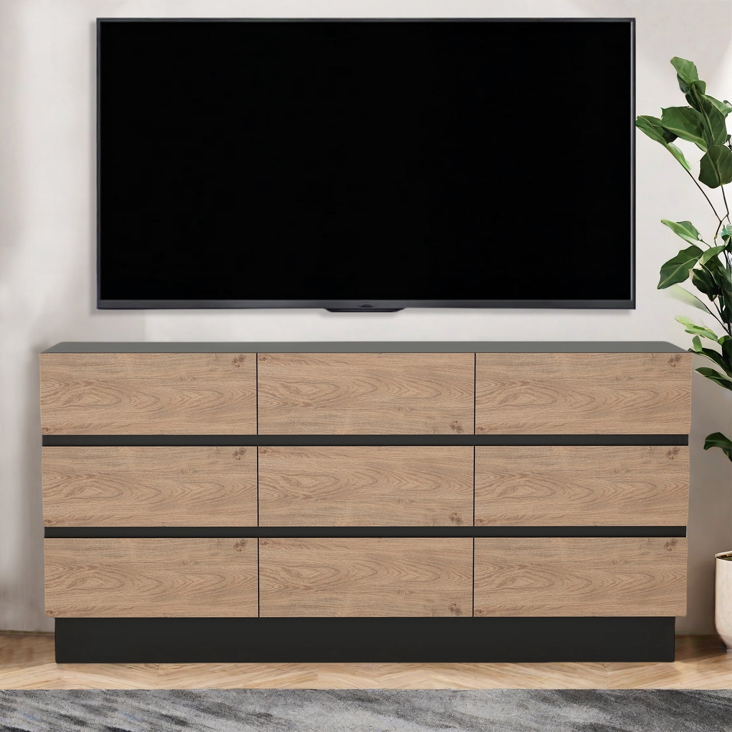 Modern 9 Drawer Dresser 63 Inch Wide Legless Chest of Drawers for Bedroom Living Room or Hallway Oak and Black