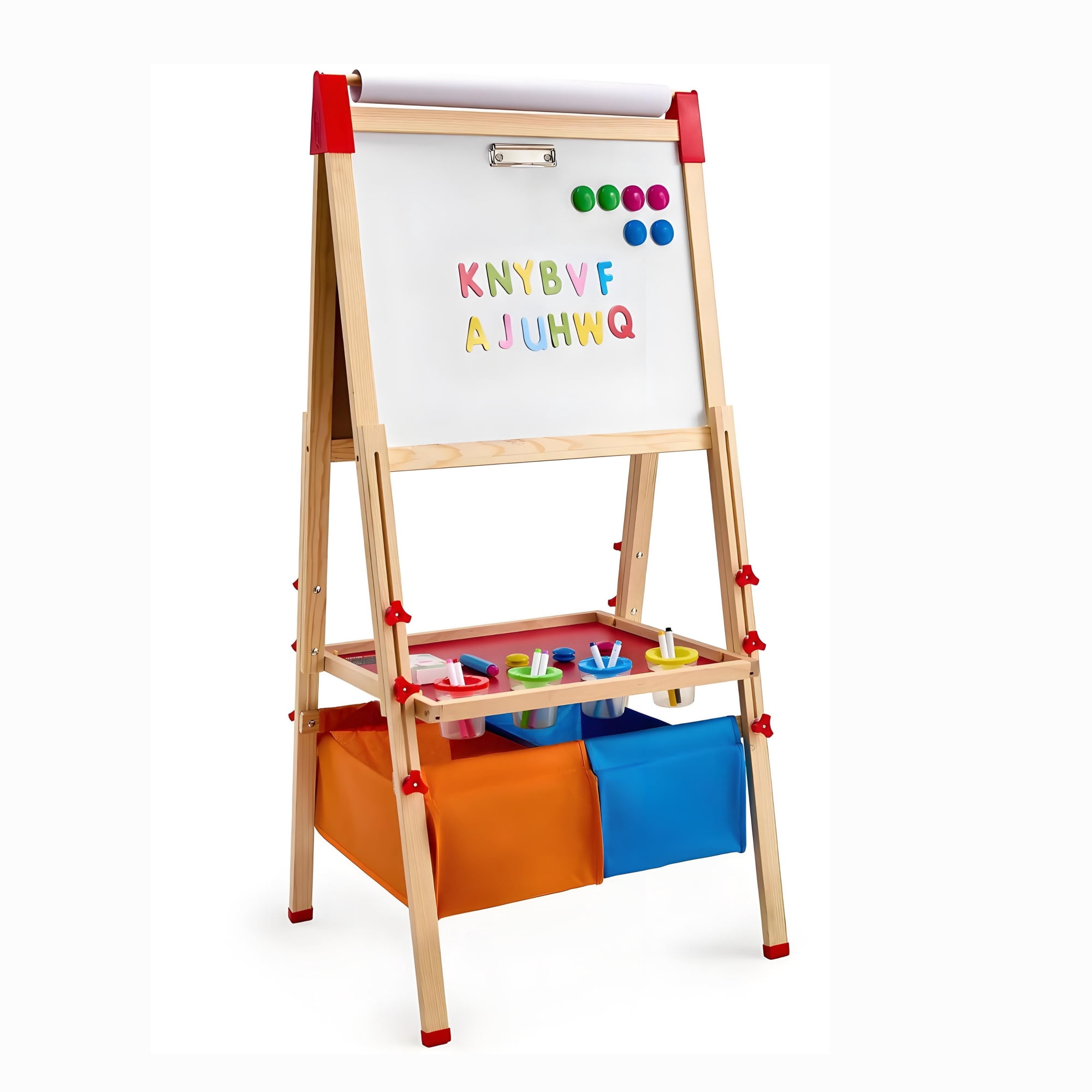 3 in 1 Kids Art Easel, Wooden Double-Sided Magnetic Whiteboard & Chalkboard with Paper Roll, Adjustable Standing Drawing Board with Painting Accessories, for Boys Girls