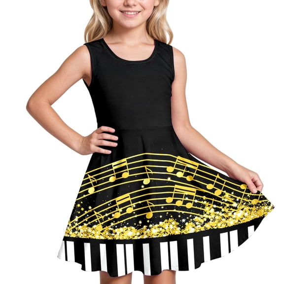 FINALGANG Girls Kids Music Note Piano Print Dress Sleeveless Crewneck Casual Party Dress For Summer Daily Wear Black 8-9