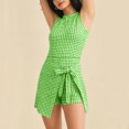 thumbnail image 7 of Women's Sweet Plaid Gingham Sleeveless Jumpsuits Tie Waist Wrap Skirt Overlay Shorts Rompers Summer Beach Vacation Outfits Loungewear Green, 7 of 7