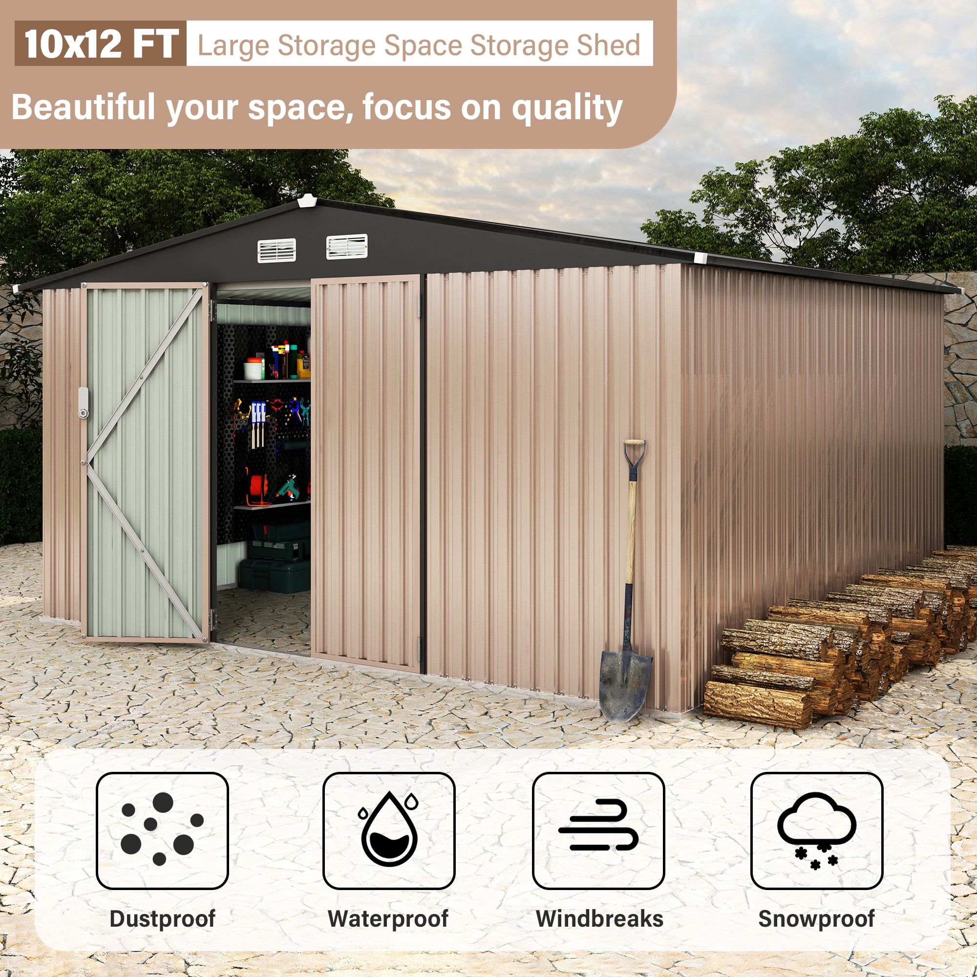 10X12FT Outdoor Metal Storage Shed, Lockable Weatherproof Garden Shed for Tools & Equipment, Durable Galvanized Steel with Sloping Roof & Ventilation, Ideal for Backyard, Patio & Garage Storage