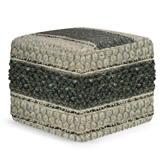 Grady Contemporary Square Pouf in Green and Natural Handloom Woven