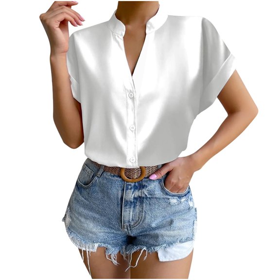 RYRJJ Women's Elegant Shirts Fashion Casual Loose Fit Short Sleeve V-Neck Shirt Tops Button Down Lightweight Stand Collar Blouse(White,S)