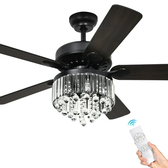 Uforic 52" Crystal Ceiling Fan with light and Remote Control,5 Blades Chandelier Black Ceiling Fan