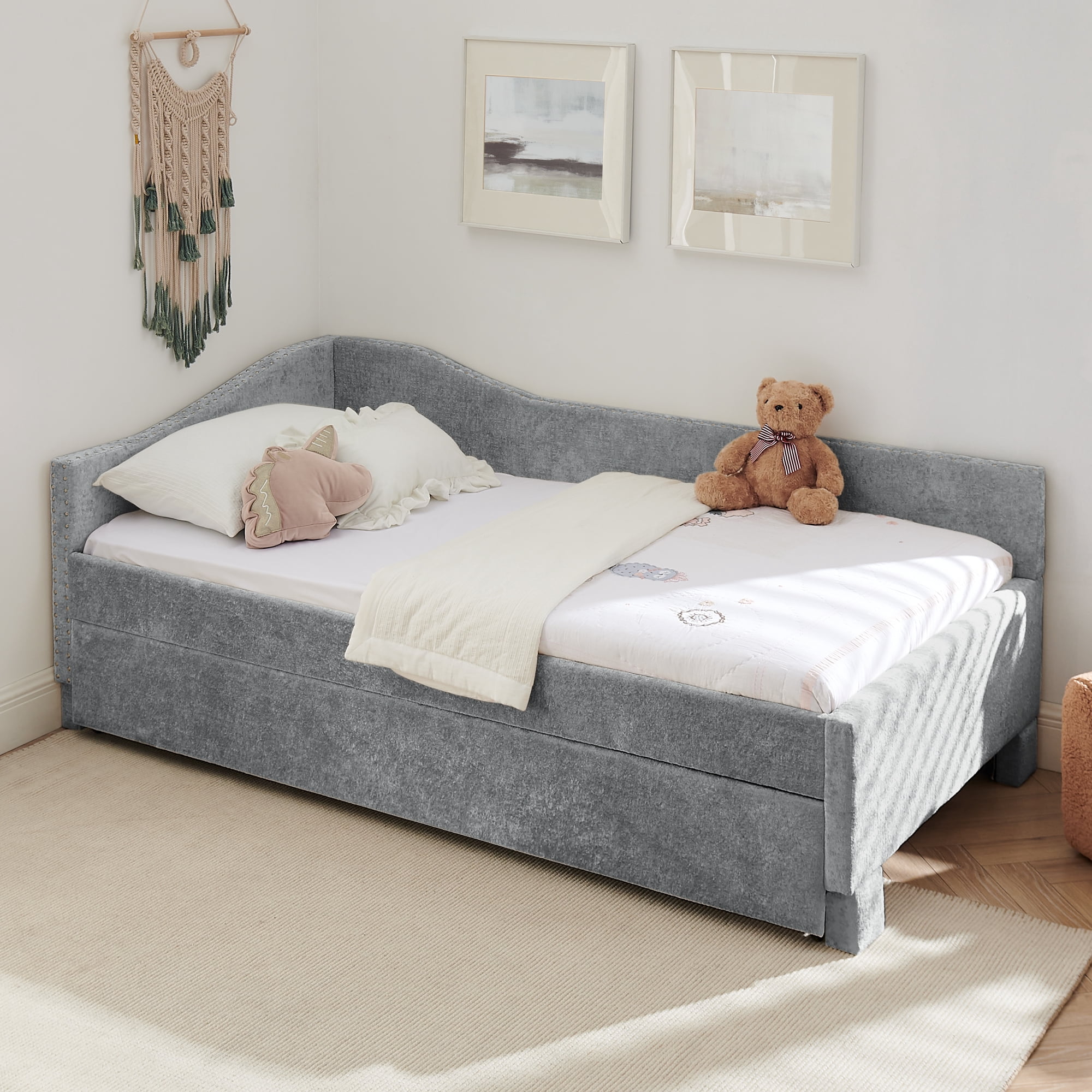 Twin Size Daybed,Chenille Upholstered Daybed with Pull-Out Trundle & Built-In USB Charging Port,2-in-1 Space Saving Sofa Bed for Guest Room,Small Space,Grey