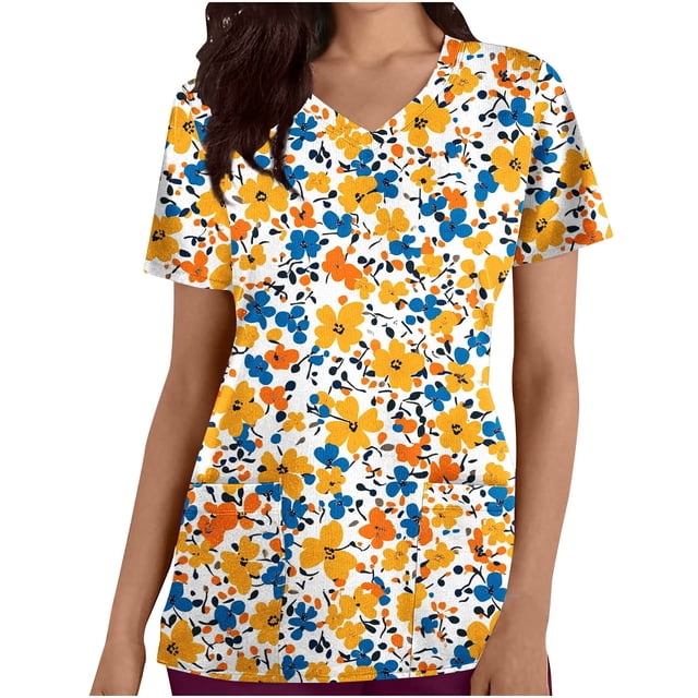 Pisexur Womens Scrub Tops Boasting Colorful Floral Prints Along With Short Sleeve Scrub Tops Suitable for Nursing Uniforms With Convenient Pockets