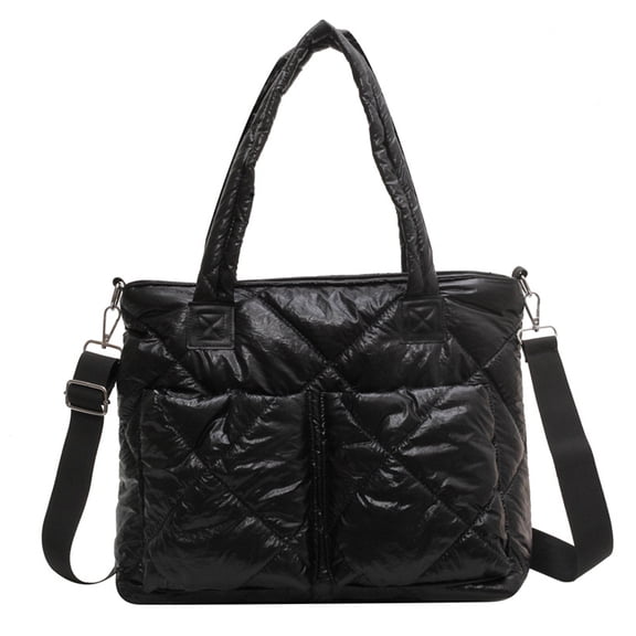 Puffer Tote Bag For Women Luxury Check Tote Bag Quilted Puffy Handbag Light Winter Down Cotton Padded Shoulder Bag - black