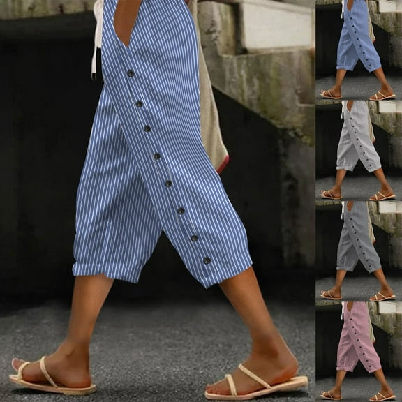 Women's Striped 3/4 Length Trousers with Elastic Waist and Cuff Detail Comfortable Straight Leg Casual Pants