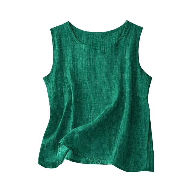 HomeGardon Linen Womens Tank Tops Plus Size Crew Neck Sleeveless Solid Color Loose Leisure Beach Vacation Trendy,L