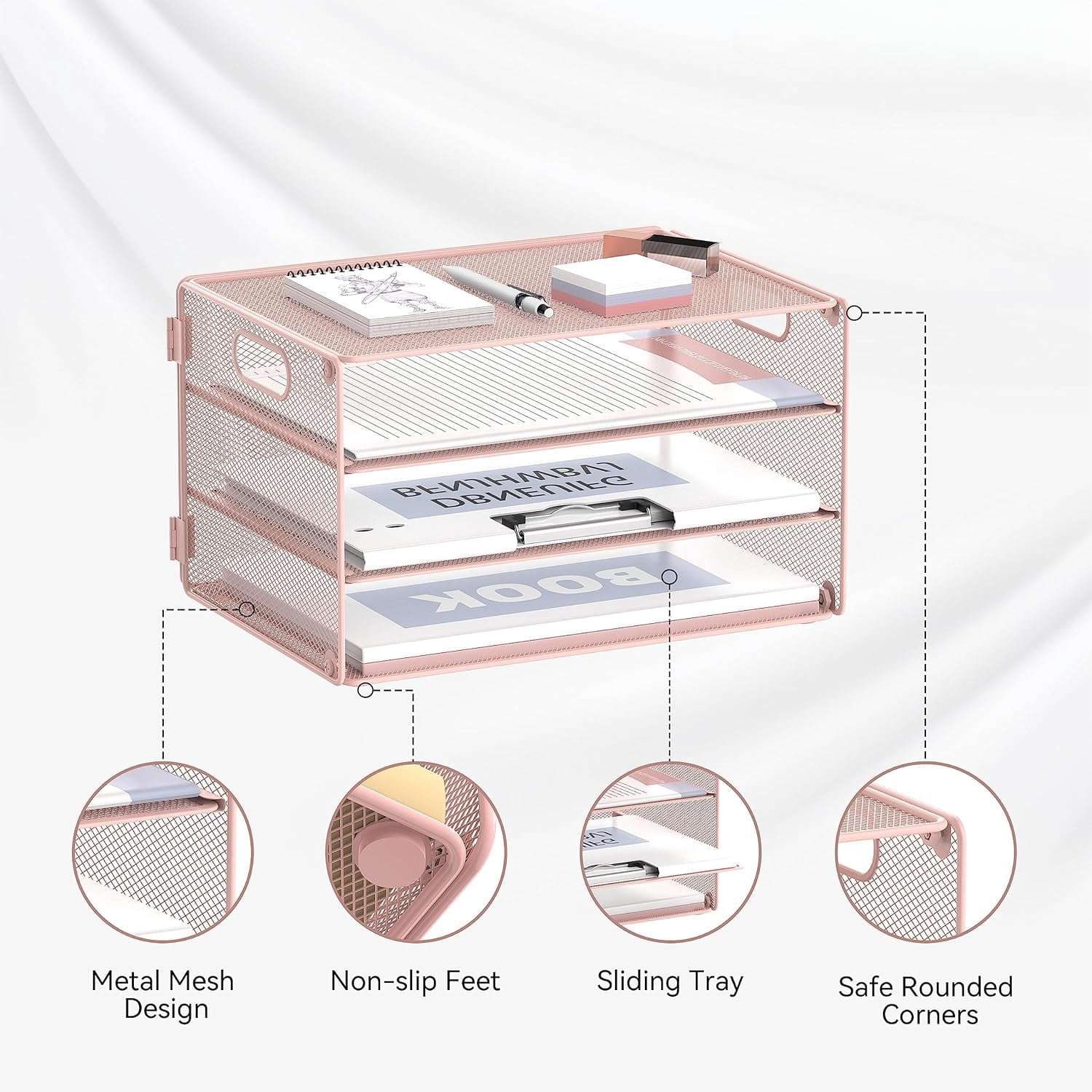 INTIGE 3-Tier Metal File Organizer with Handles, Desktop Storage Cabinet for Home, Office, Pink