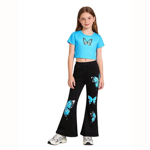 Tiijoy Girls Outfits Fashion Butterfly Short Sleeve Crop Top Flare Pants Set, Sizes 9-10