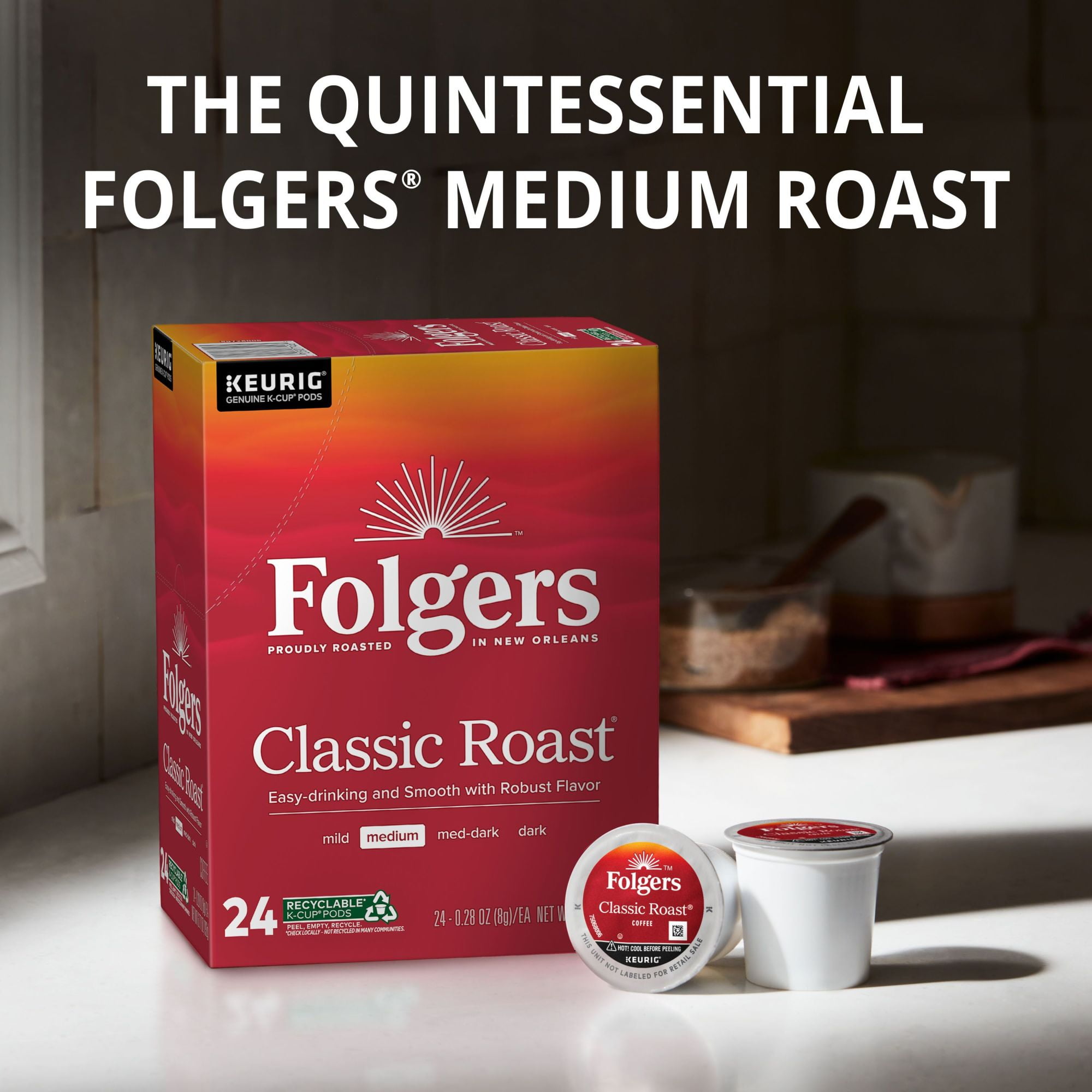 Folgers Classic Roast, Medium Roast Coffee, Keurig K-Cup Pods, 100 Count Box