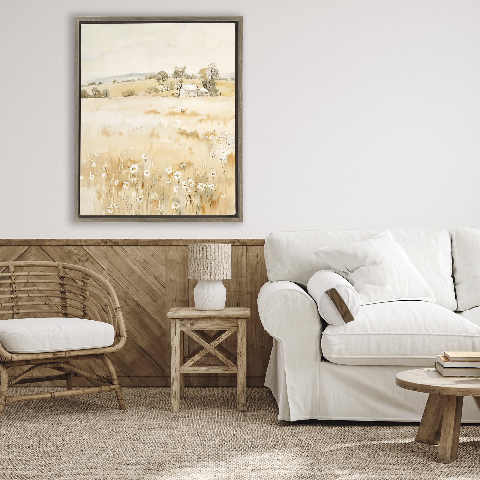 Stupell Industries Farm Country Meadow with Daisies Brown Framed Floater Canvas Wall Art, design by Creative Studio