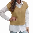 thumbnail image 1 of Womens V Neck Sweater Vest Ribbed Knit Casual Cap Sleeve Loose Fit Pullover Tops Fall Clothes Khaki L, 1 of 8