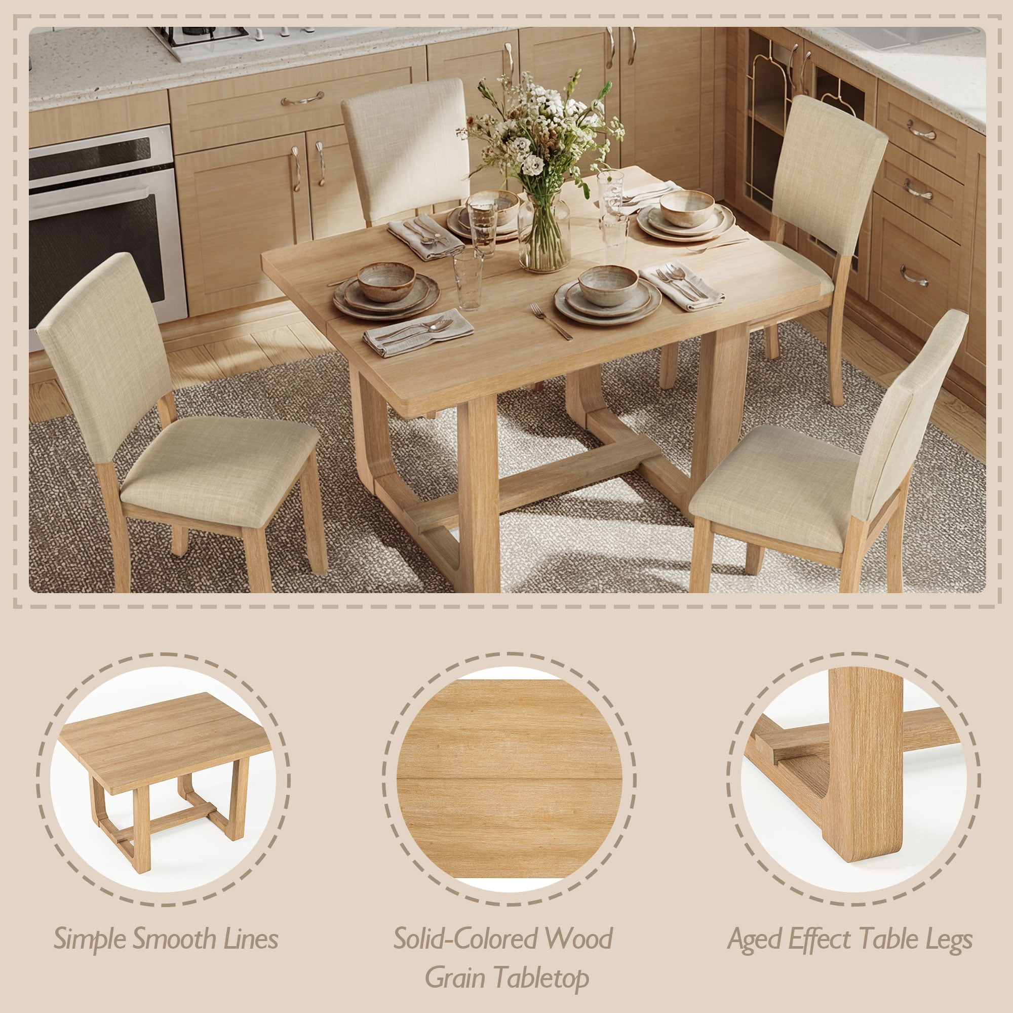 Aukfa Farmhouse 5-Piece Wood Upholstered Dining Set, Light Oak