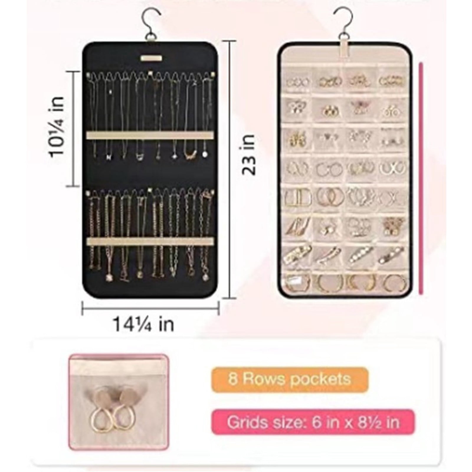 XKHHLH Hanging Jewelry Organizer, Necklace Holder Anti-tangle Earrings Rings Hanger with Jewelry Bags Travel Storage Roll with Pockets Hang on Closet, Wall, Door
