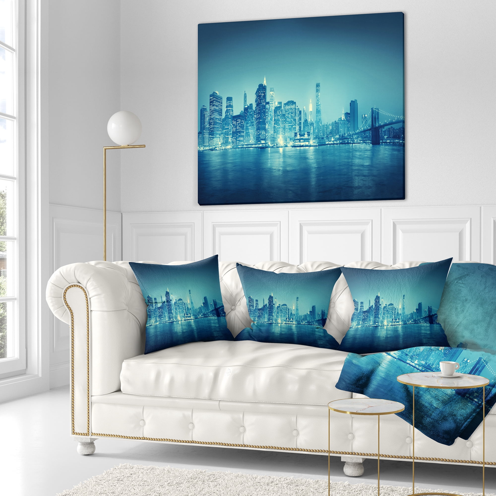 Designart Blue New York at Night - Cityscape Digital Throw Pillow - 18x18