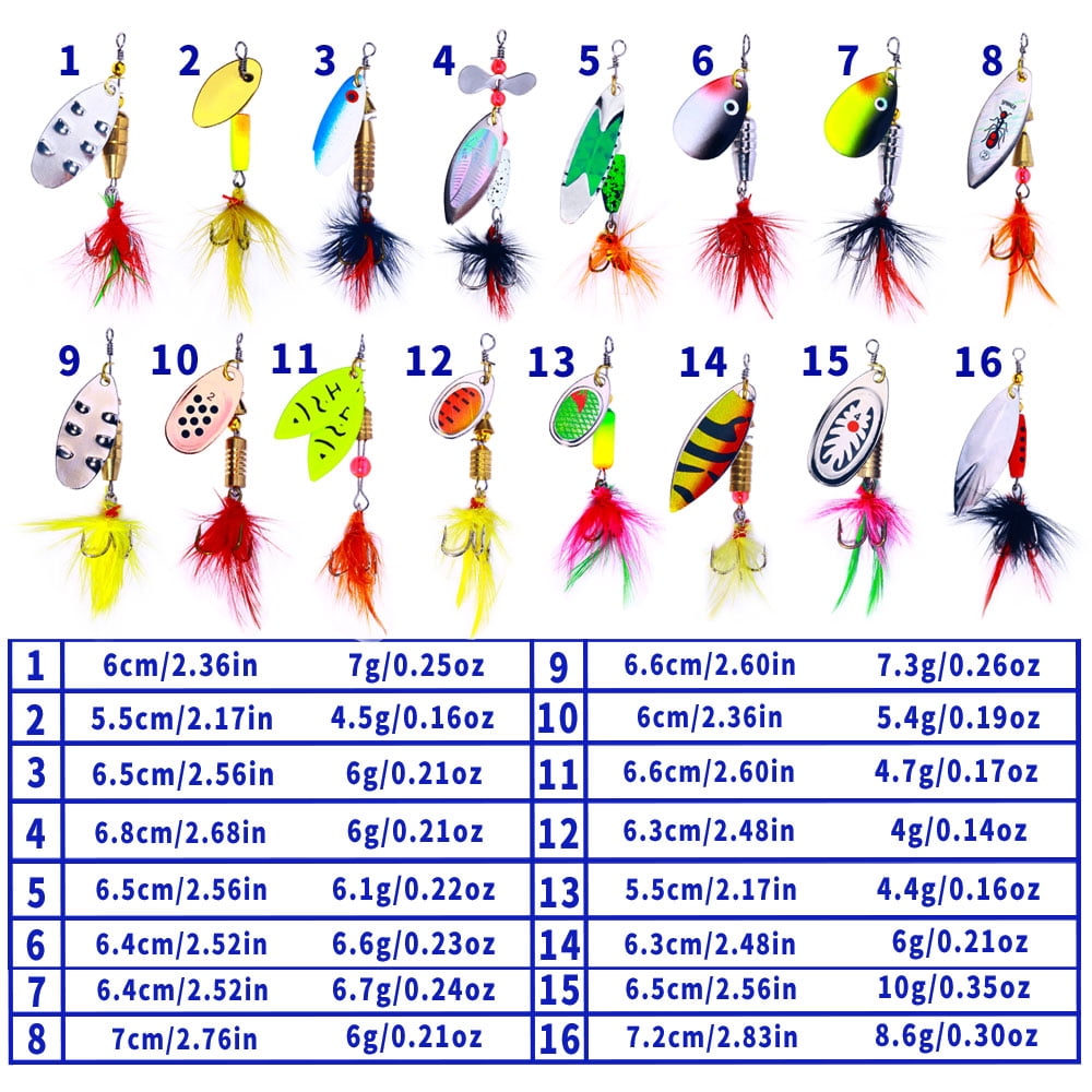 HENGJIA Fishing Lures, Fishing SpinnerBaits,Trout Lures, Bass Lures, Spinning Lures,Hard Metal Spinner Baits kit with Carry Bag, (16PCS Fishing Lure with Box)
