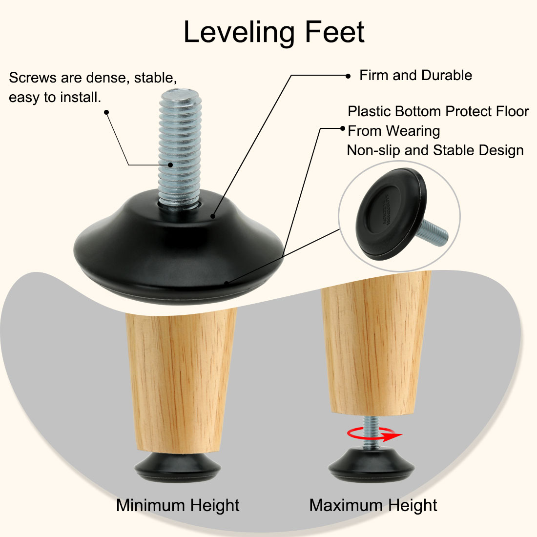 M8 x 20 x 40mm Furniture Glide Leveling Feet Pad Adjuster for