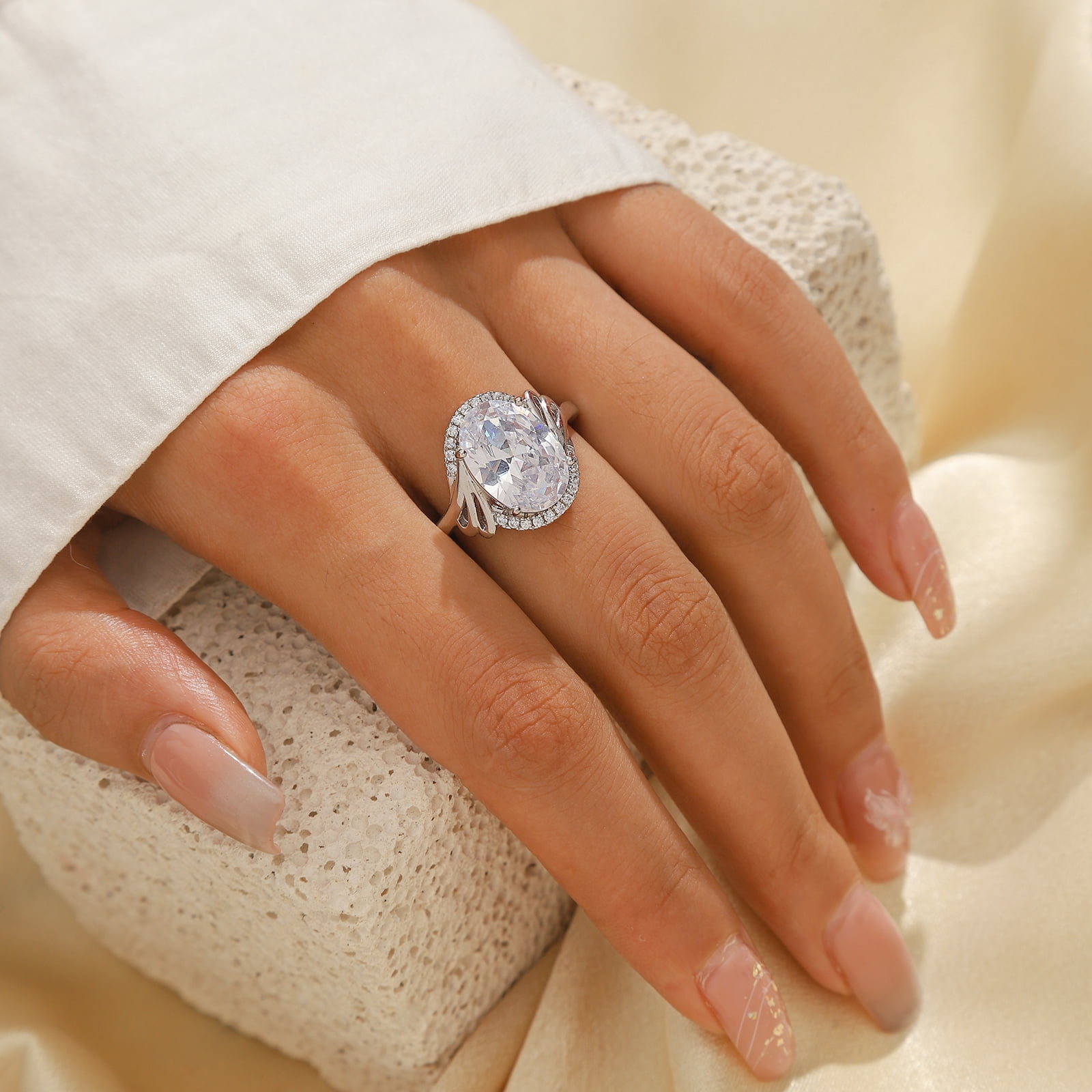 Juwaliy 8Ct Halo Oval Engagement Ring 925 Sterling Silver Women April Birthstone Diamond CZ Band Promise Bridal Jewelry Mother Birthday Gift