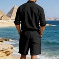 thumbnail image 6 of Men's 2 Pieces Cotton Linen Set Band Collar Button Down Shirt with Pocket Long Sleeve and Shorts Summer Beach Yoga Matching Outfits Black, 6 of 8