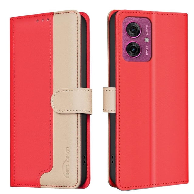 Premium RFID Blocking Wallet Case for Motorola Moto G55 5G with 3 Card Slots & Stand Red