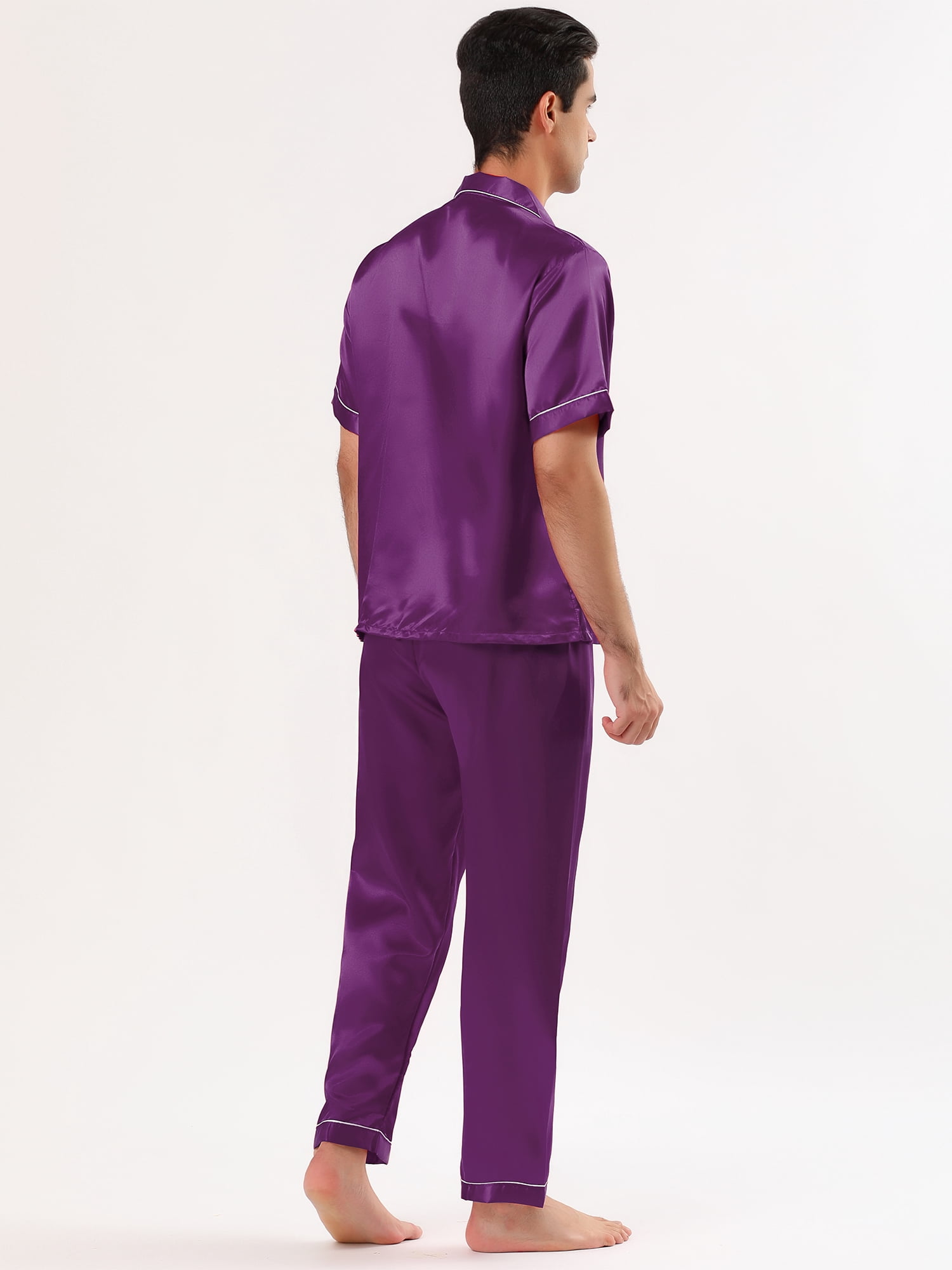 Unique Bargains Men's Button Down Satin Pajama Sets Short Sleeves Nightwear Small Purple