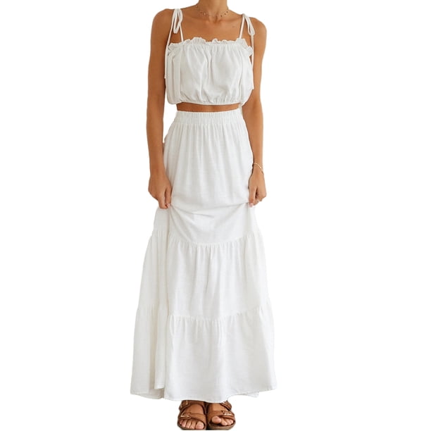 TRKIYQC Conjunto de 2 piezas estilo bohemio de playa para mujer, camisola corta con volantes y tiras de color sólido + falda larga para verano, blanco/naranja, S/M/L/XL TRKIYQC moderno