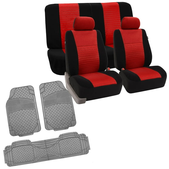 FH Group Full Interior Set Red Seat Covers for Auto w/ Gray Heavy Duty Floor Mats