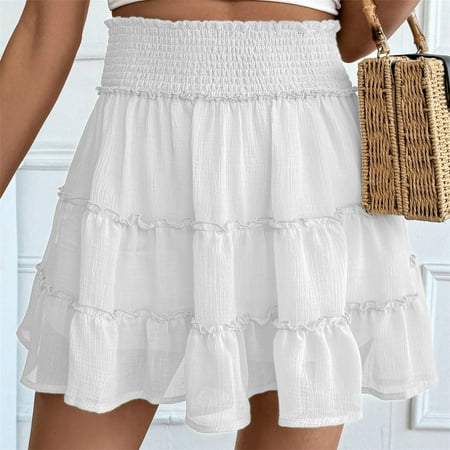 Up To 60% Off!Chaoheng Summer Shorts for Women Plus on Clearance Ladies  Casual Vacation Style Pleated Leaf Skirt Solid Color Elastic Waist Slip Skirt Shorts White XL