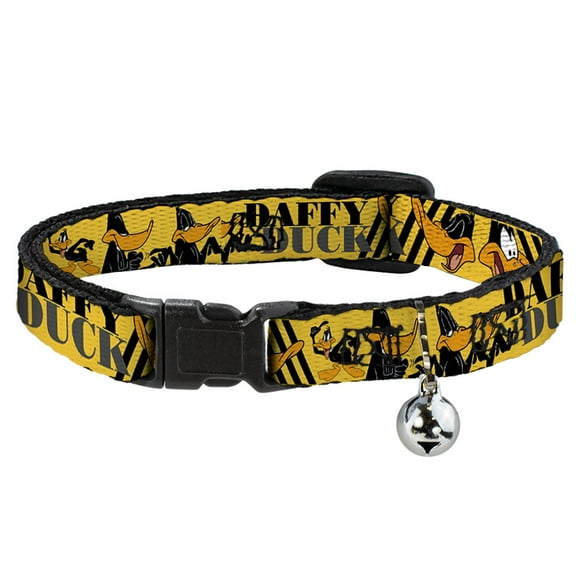 Looney Tunes Breakaway Cat Collar With Bell, Plastic Clip, Easy Adjustable, Daffy Duck Poses Yellow Black, 8.5 to 12 Inches 0.5 Inch Wide