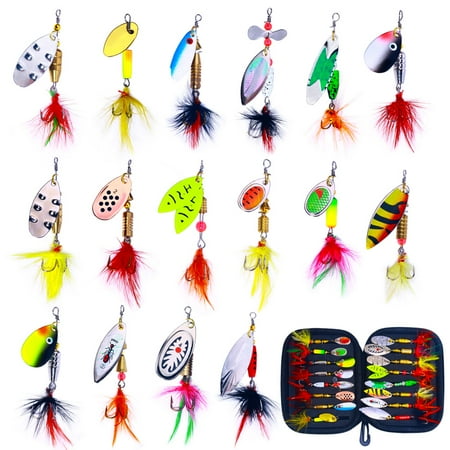 HENGJIA Fishing Lures Fishing SpinnerBaits Trout Lures Bass Lures Spinning Lures Hard Metal Spinner Baits kit with Carry Bag (16PCS Fishing Lure with Box)