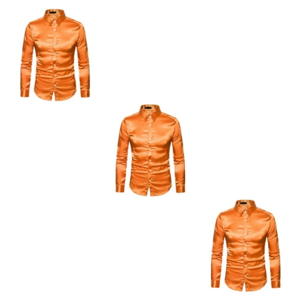 Qarigey Camisa transpirable para hombre Satén con mangas largas - Trabajo Boda o hogar Camisa para hombre Manga larga formal Naranja Type1 NO1