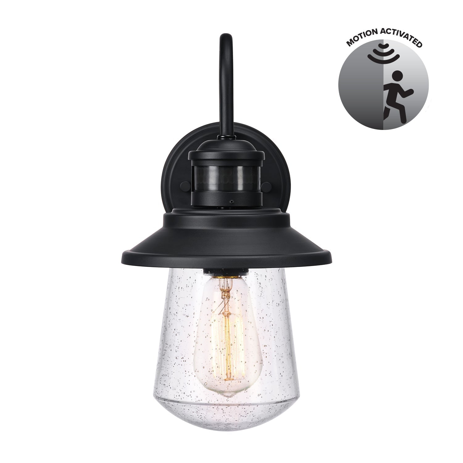 Globe Electric Mariner 1-Light Matte Black Motion Activated Outdoor Wall Sconce with Seeded Glass Shade