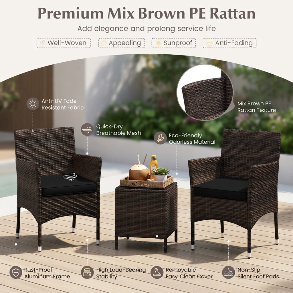 Hommoo 3-Piece Outdoor Wicker Conversation Set, Metal Frame, Tempered Glass Coffee Table & Ergonomic Rattan Chairs for Patio, Backyard, Poolside, Black