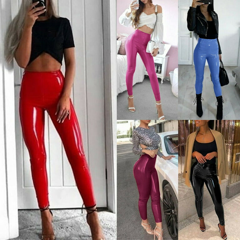 COUTEXYI Hot Sexy Women Gothic Leggings Wet Look PU Leather Leggings Black  Slim Thin Long Pants Ladies Skinny Leggings Stretchy Plus Size 