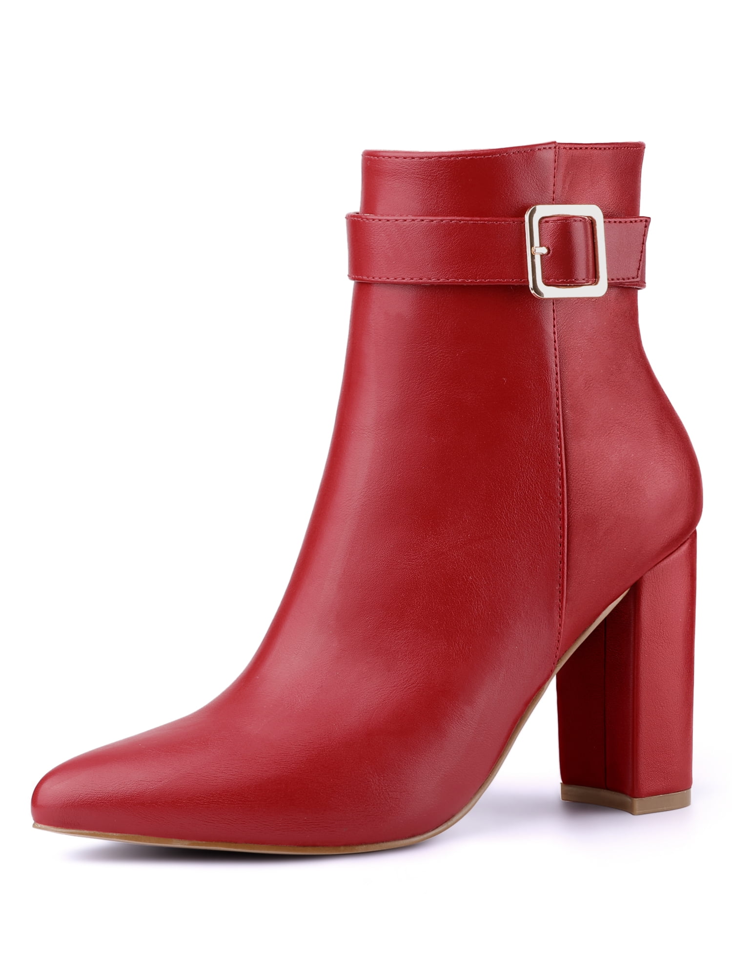 red buckle ankle boots