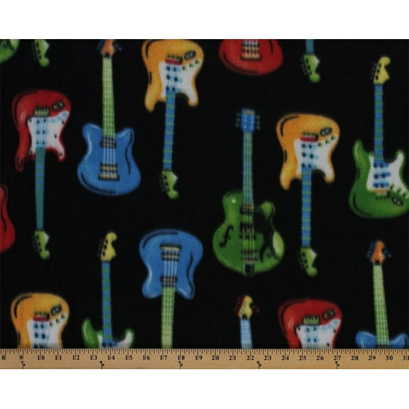 Fleece Guitars Electric Guitars Musical Instrument Band Black Fleece Fabric Print by the Yard (1019)