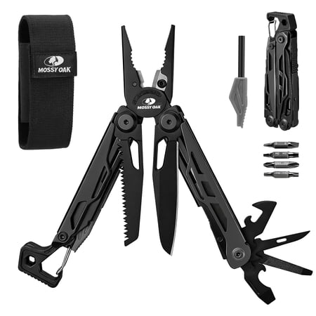 Mossy Oak Cnc-machined Multitool Pliers 27-in-1 Multi Tool With Pocket Fire Starter & Whistle Bottle Opener - Self-locking For Camping Hiking Black